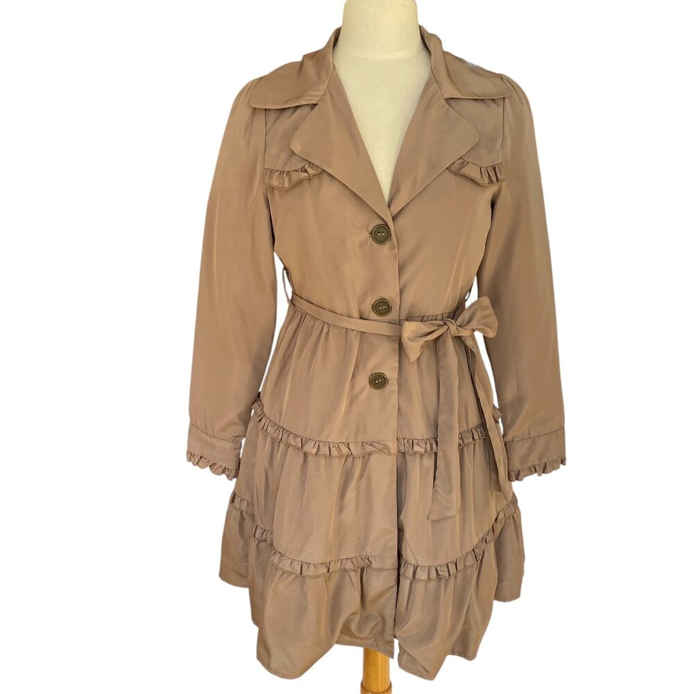 Darling French Girl Tiered Trench Coat Tan Belted Ruffle Classic Feminine-S